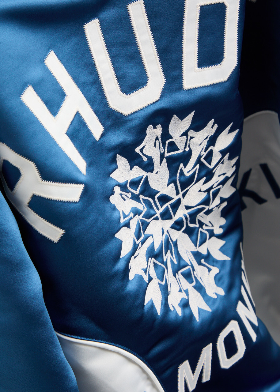 Rhude Chamonix Ski Souvenir Satin Bomber Jacket Blue And White