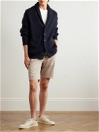 Dunhill - Shawl-Collar Suede-Trimmed Ribbed Merino Wool Cardigan - Blue