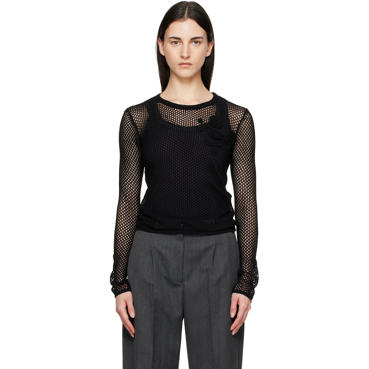 GANNI Black Mercerized Cotton Mesh Pointelle Longsleeve T-shirt