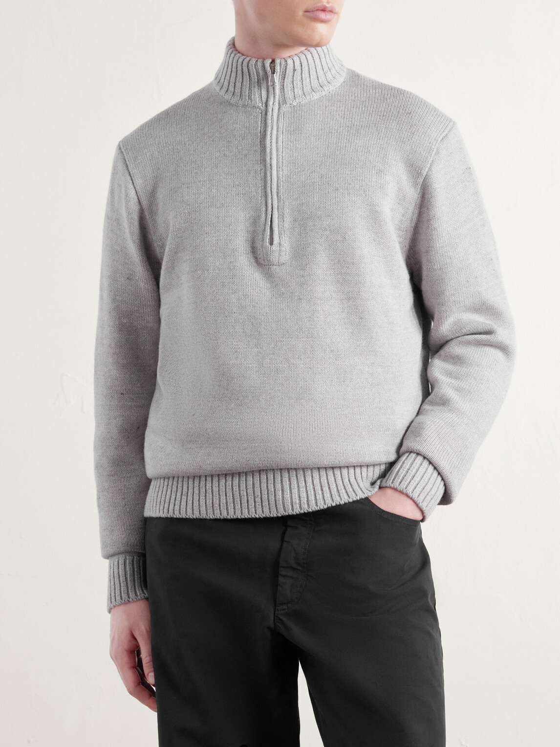 Inis Meáin - Wool and Linen-Blend Half-Zip Sweater - Gray