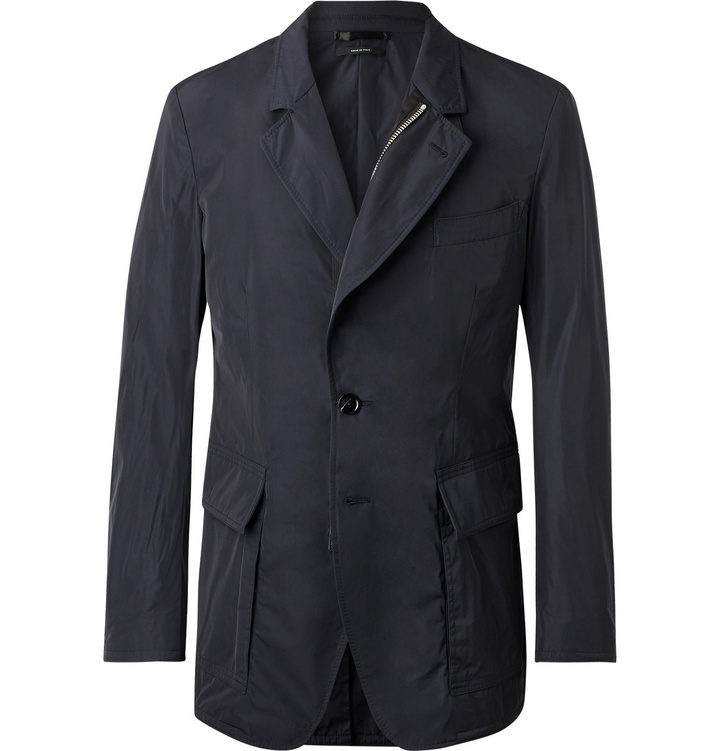 Photo: TOM FORD - Slim-Fit Leather-Trimmed Shell Blazer - Blue