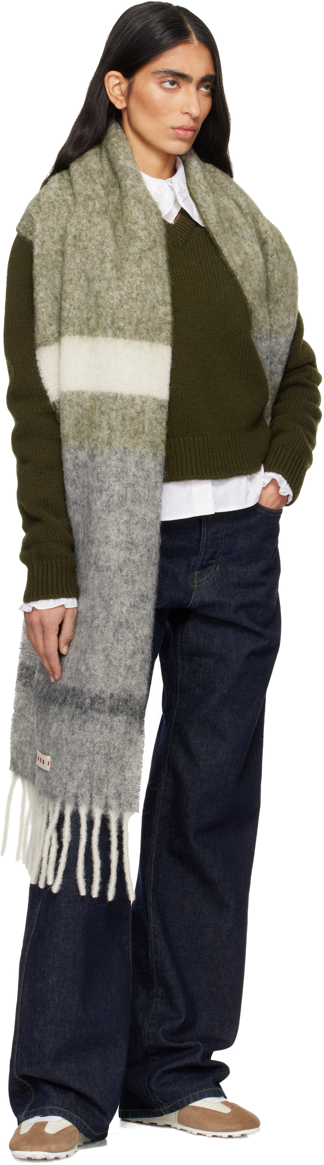 Marni Green & Gray Striped Alpaca Scarf