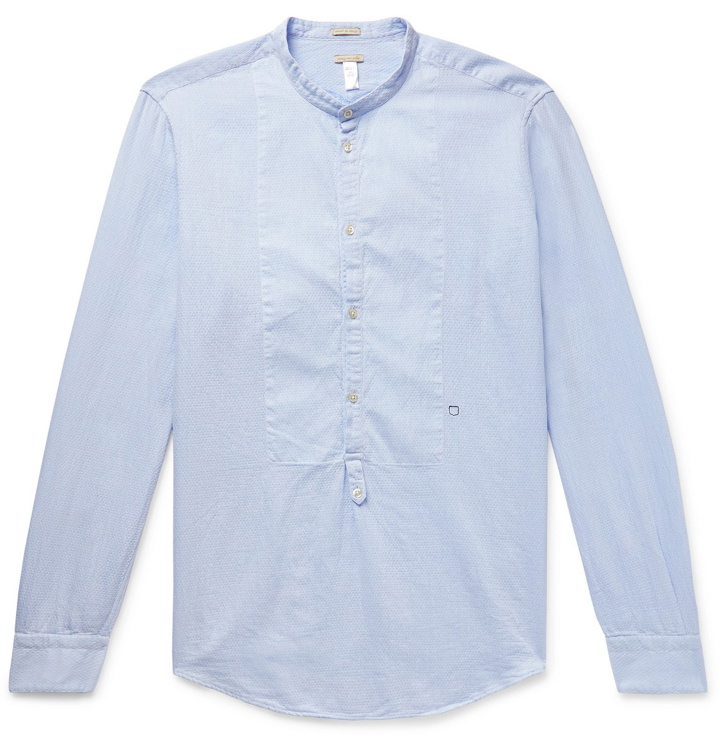 Photo: Massimo Alba - Grandad-Collar Textured-Cotton Half-Placket Shirt - Blue
