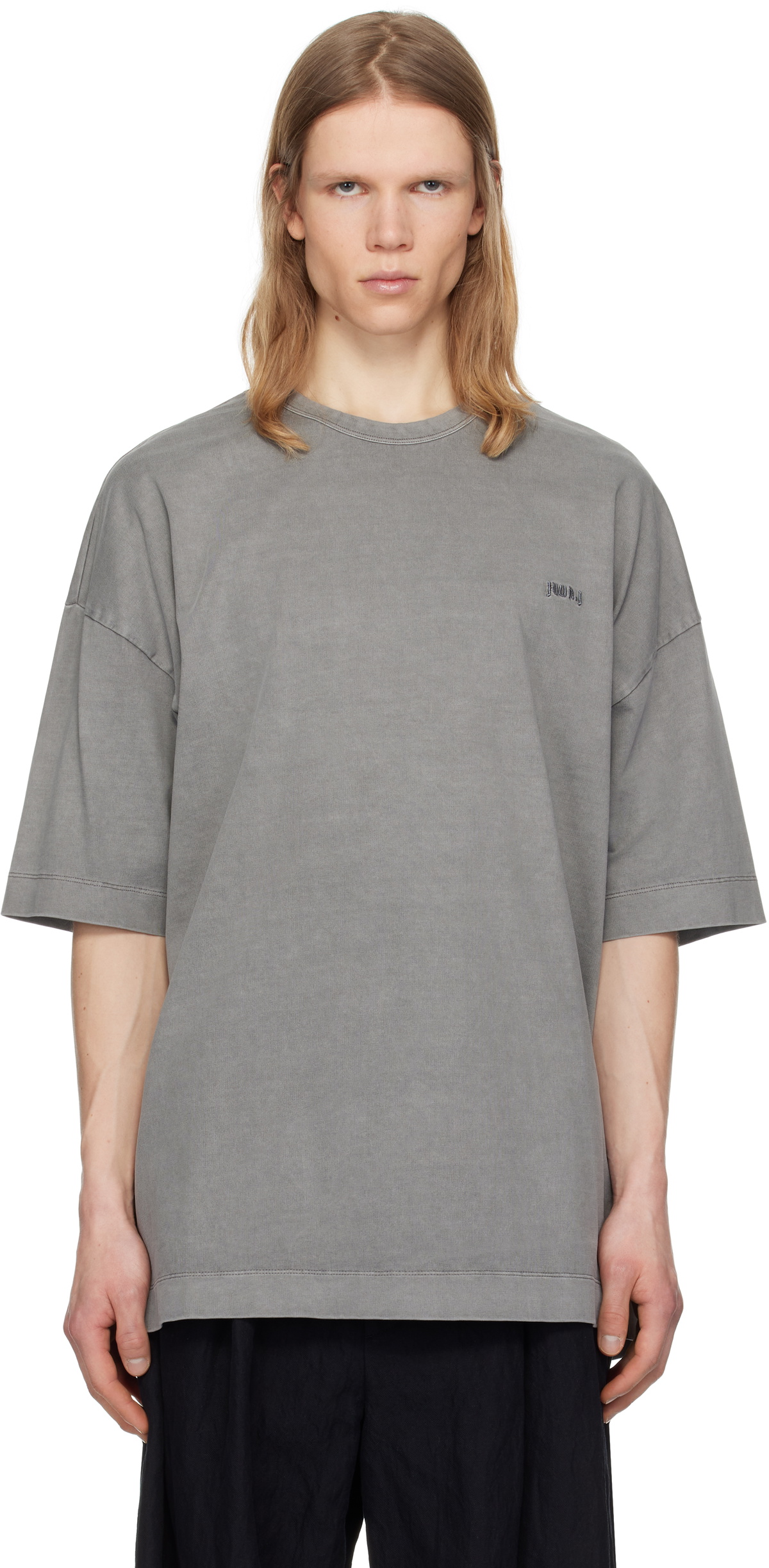Juun.J Gray 'Language' Lettering Dyed Over Fit T-shirt