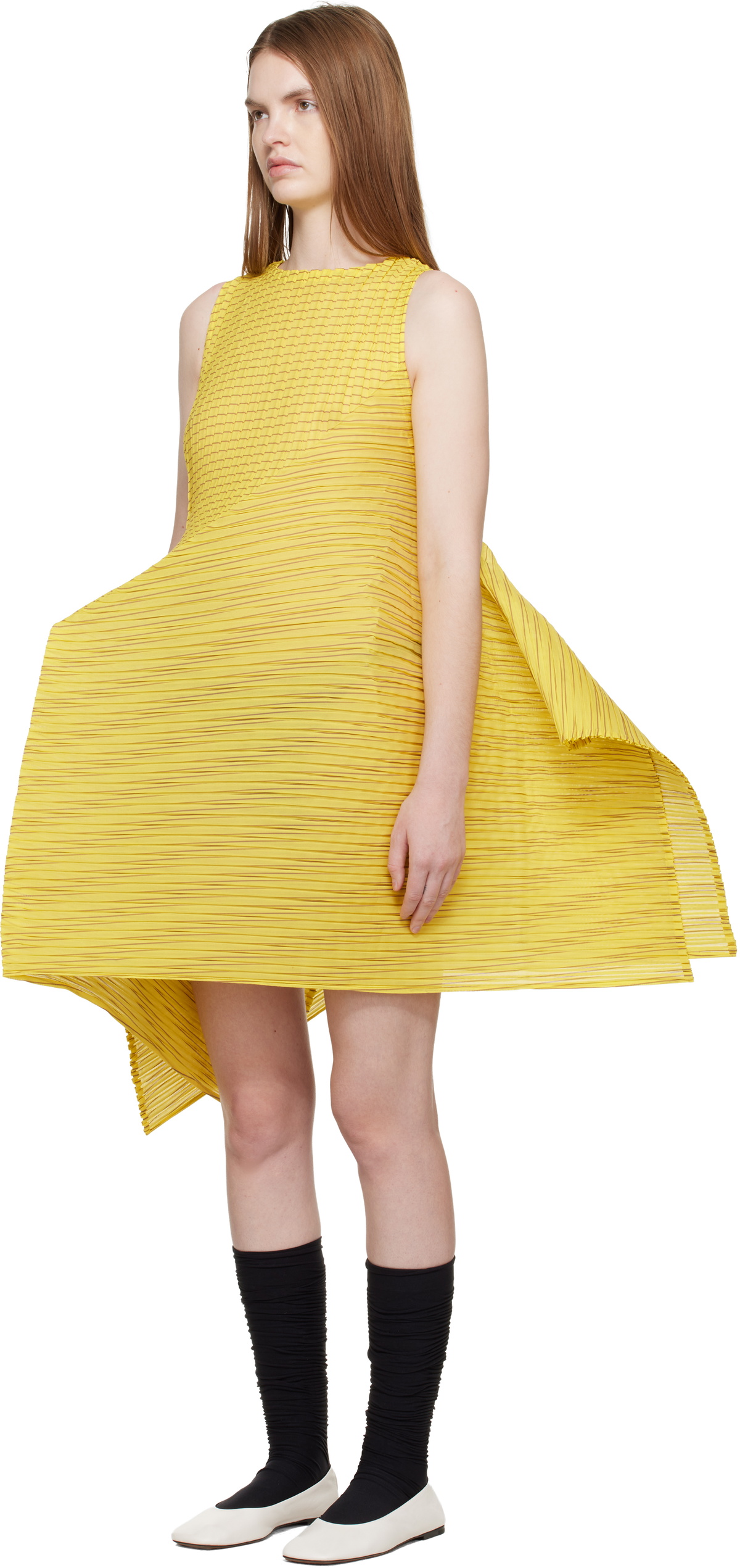 ISSEY MIYAKE Yellow Generic Stripes Machine Pleats Minidress