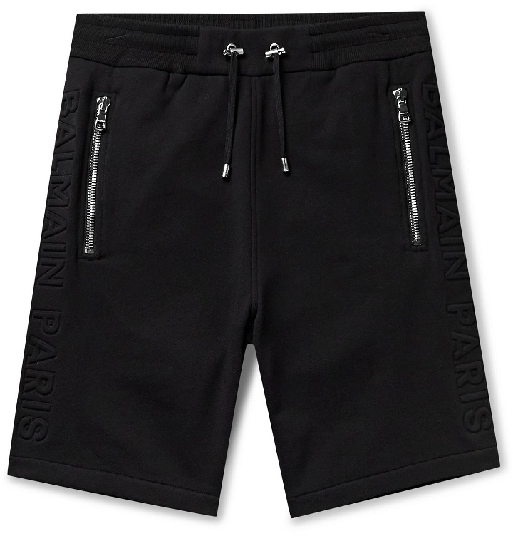 Photo: BALMAIN - Logo-Embossed Loopback Cotton-Jersey Drawstring Shorts - Black