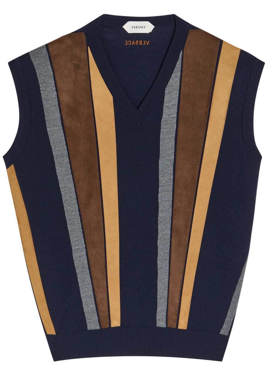Versace Patchwork Fine-knit Wool and Suede Vest Navy