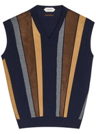 Versace Patchwork Fine-knit Wool and Suede Vest Navy