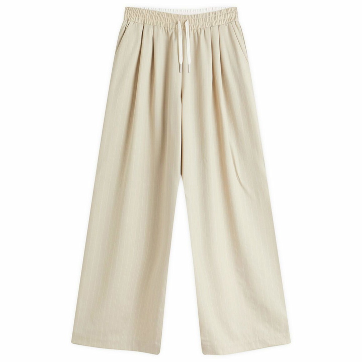 Photo: ST. Agni Women's Pinstripe Wool Drawstring Trousers in Latte