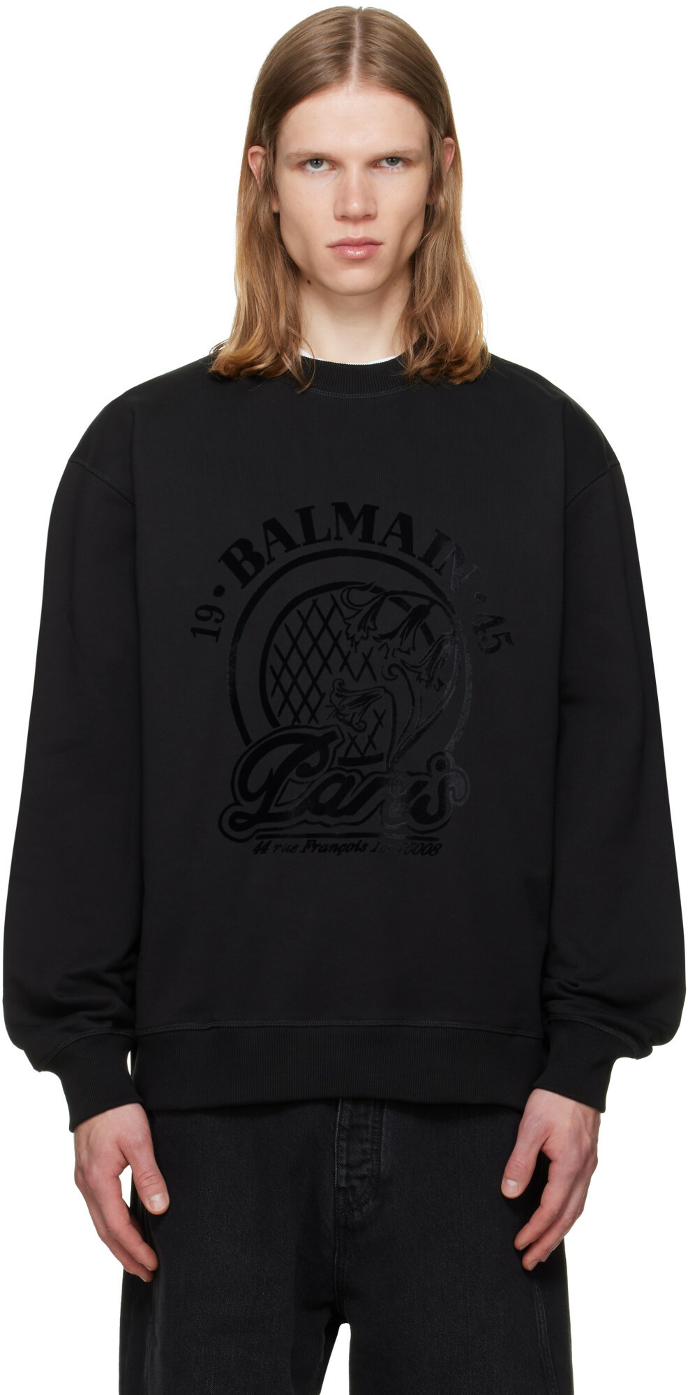 BALMAIN Black 'Balmain' Quilted Flock Sweatshirt