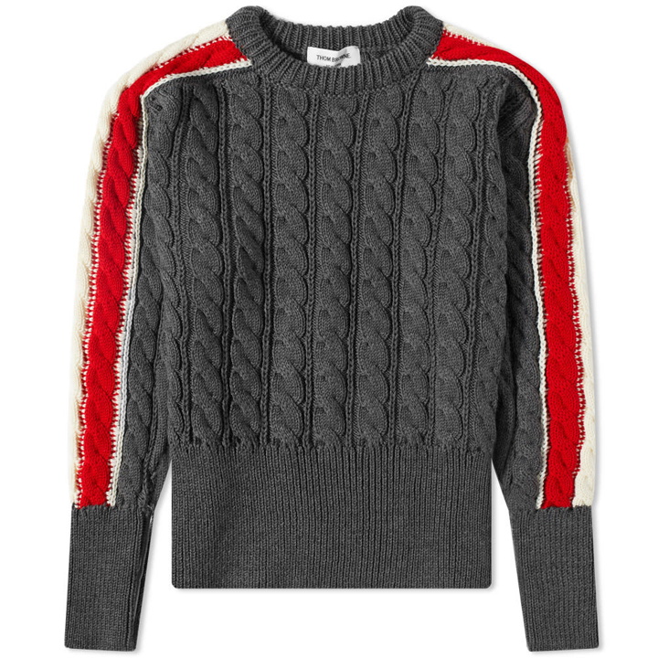 Photo: Thom Browne Tricolour Sleeve Stripe Crew Cable Knit