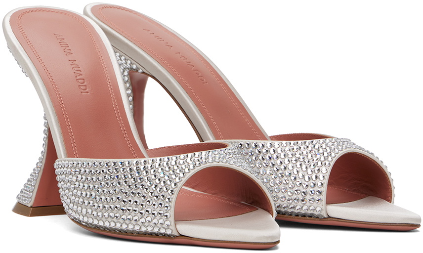 Amina Muaddi Silver Caroline Crystal Slipper Heeled Sandals