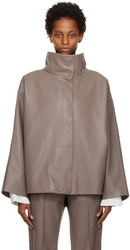 Photo: Olēnich Taupe Pleated Faux-Leather Jacket