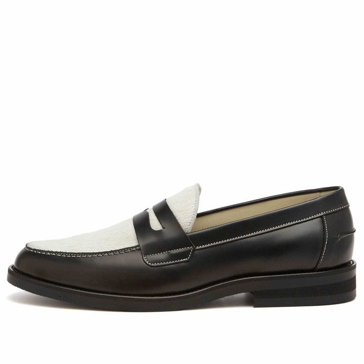 Photo: Duke + Dexter Men's Wilde Ponyhair Penny Loafer in Black/White