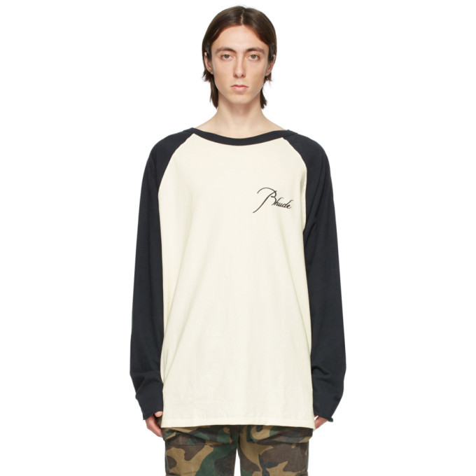 Photo: Rhude Off-White and Black Raglan Logo Long Sleeve T-Shirt