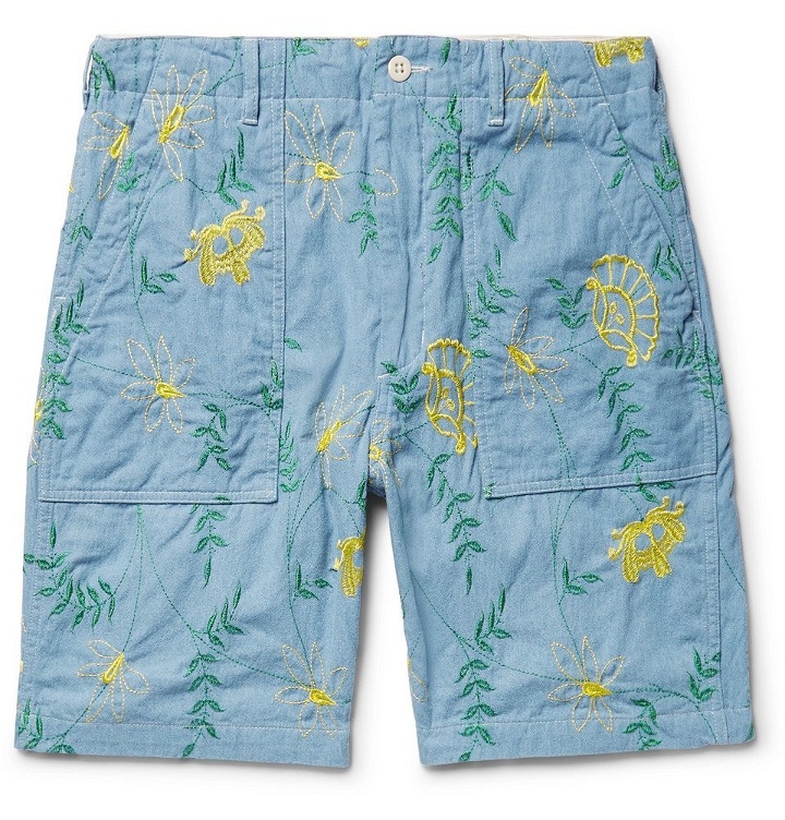 Photo: Engineered Garments - Embroidered Cotton-Chambray Shorts - Blue