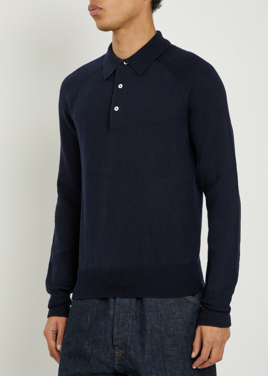 Drake's Merino Wool Polo Jumper Navy