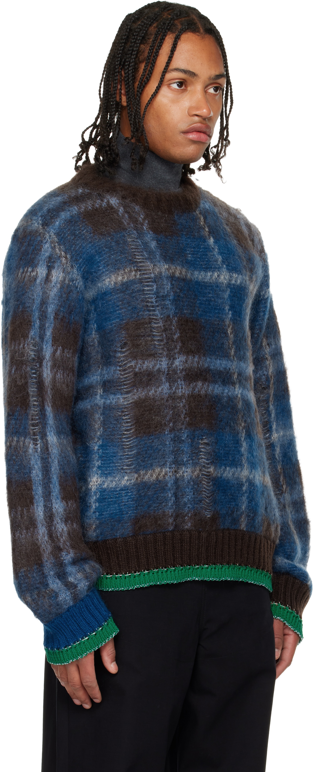 sacai Brown & Blue Plaid Mohair Sweater