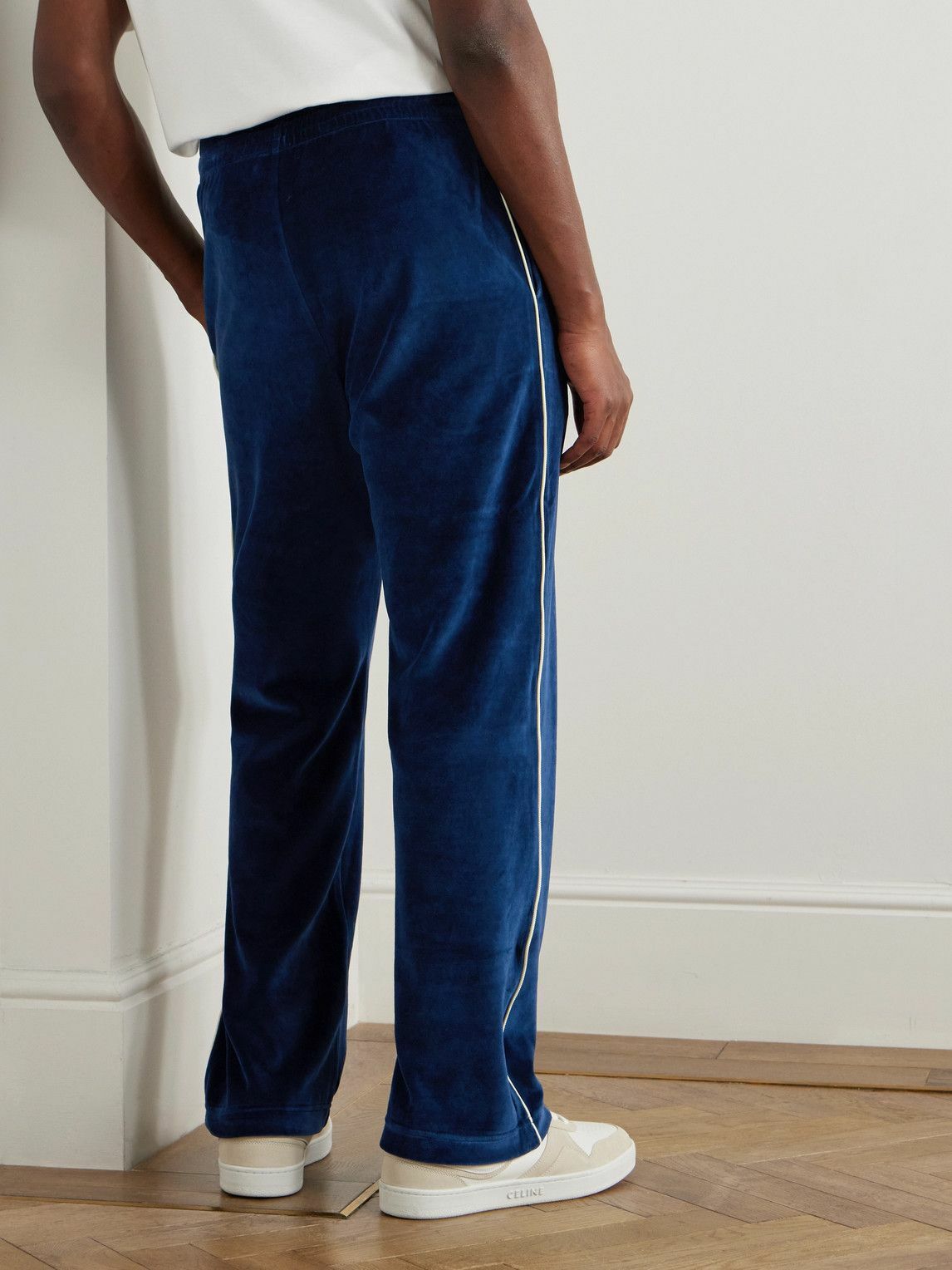 CELINE - Straight-Leg Logo-Embroidered Cotton-Blend Velour Track Pants - Blue