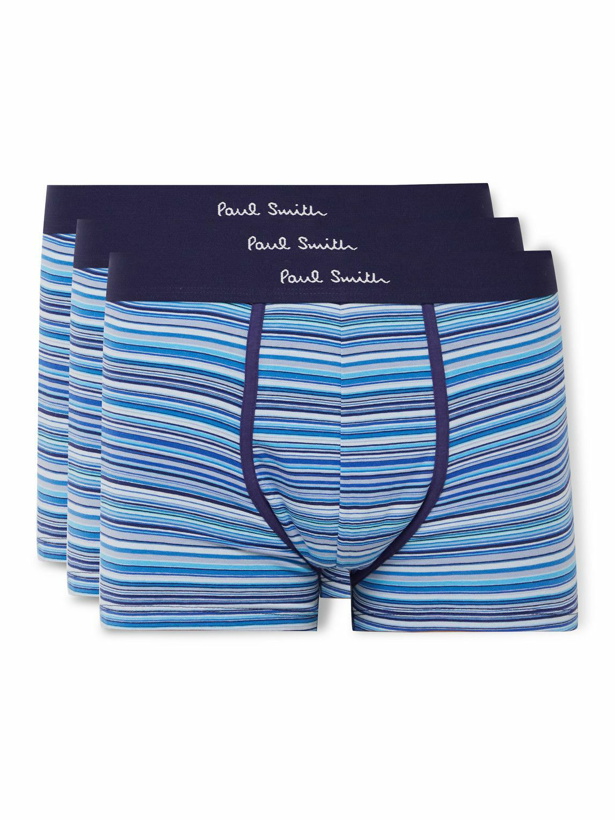 Photo: Paul Smith - Three-Pack Striped Stretch Organic Cotton-Jersey Boxer Briefs - Blue