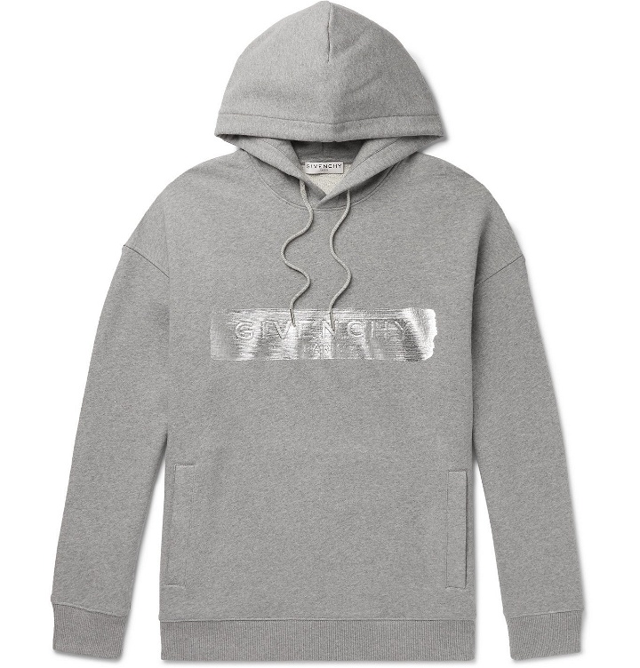Photo: GIVENCHY - Metallic Logo-Embossed Cotton-Jersey Hoodie - Gray