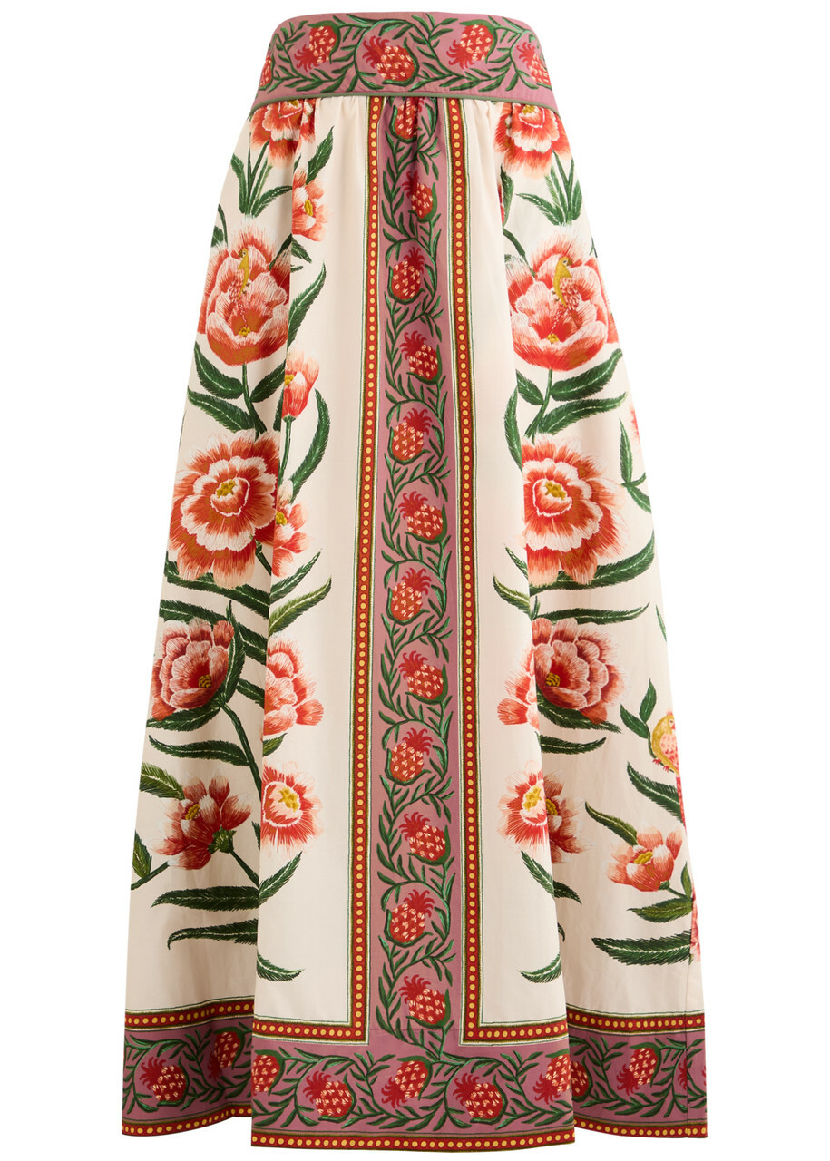 Farm Rio Ainika Printed Cotton Midi Skirt Cream