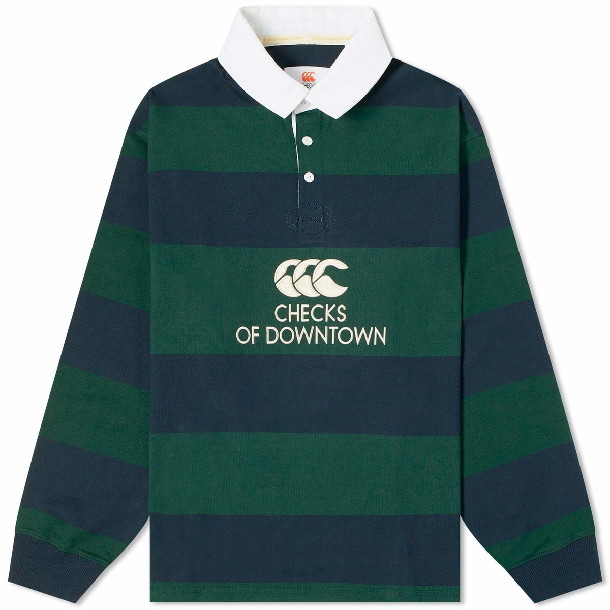 Photo: Checks Downtown Men's x Canterbury Hoop Striped Rugby Shirt in Navy/Pine Grove Green