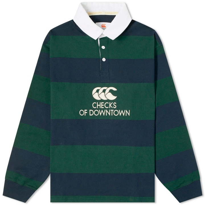 Photo: Checks Downtown Men's x Canterbury Hoop Striped Rugby Shirt in Navy/Pine Grove Green