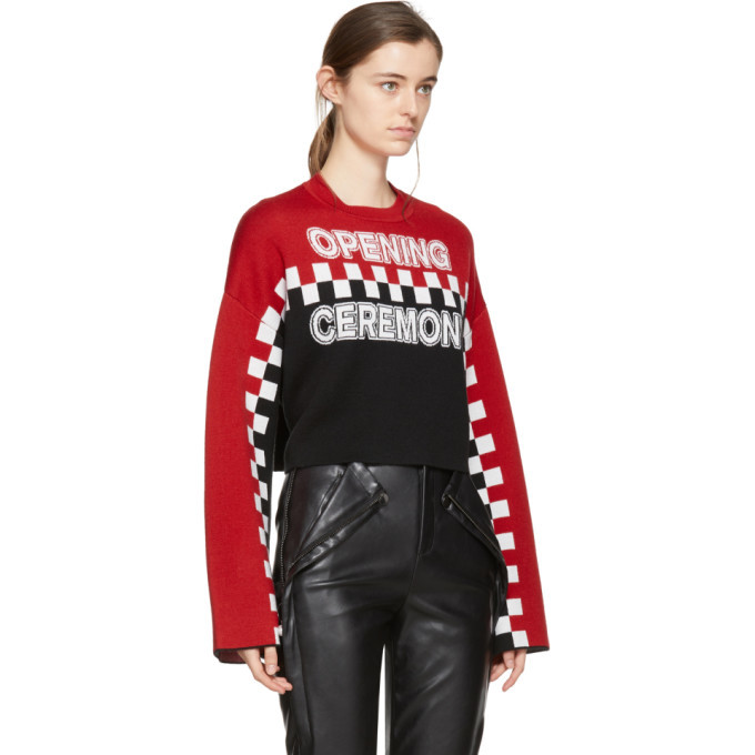 Opening Ceremony Red and Black Cropped Racer Intarsia Sweater