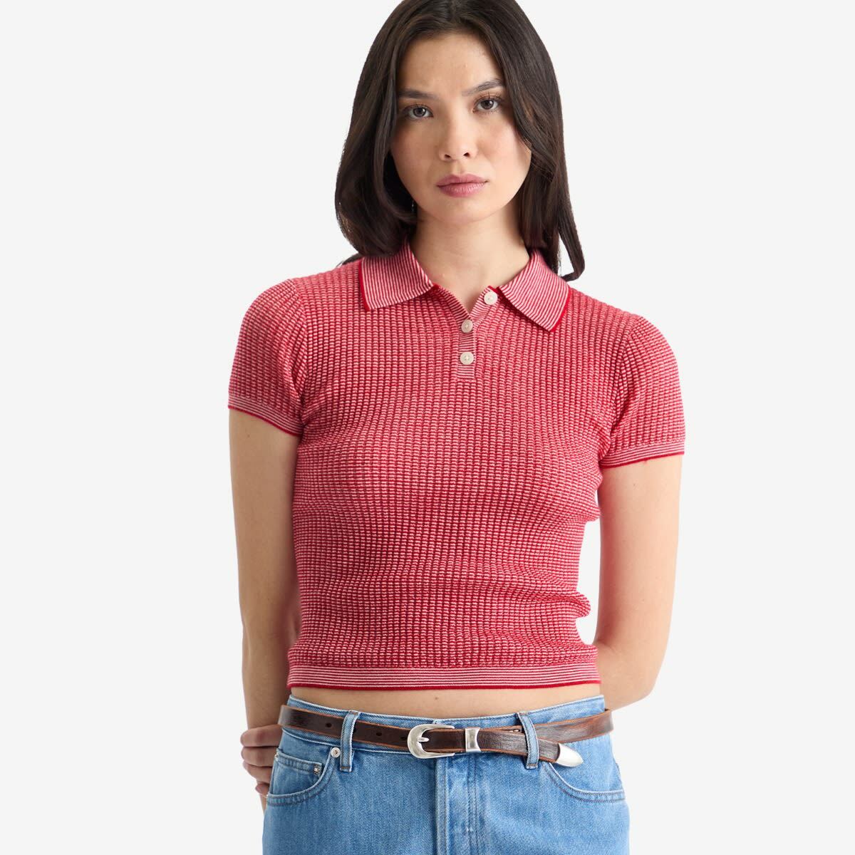 GUEST IN RESIDENCE Women's Shrunken Polo In Cashmere in True Red/Cream