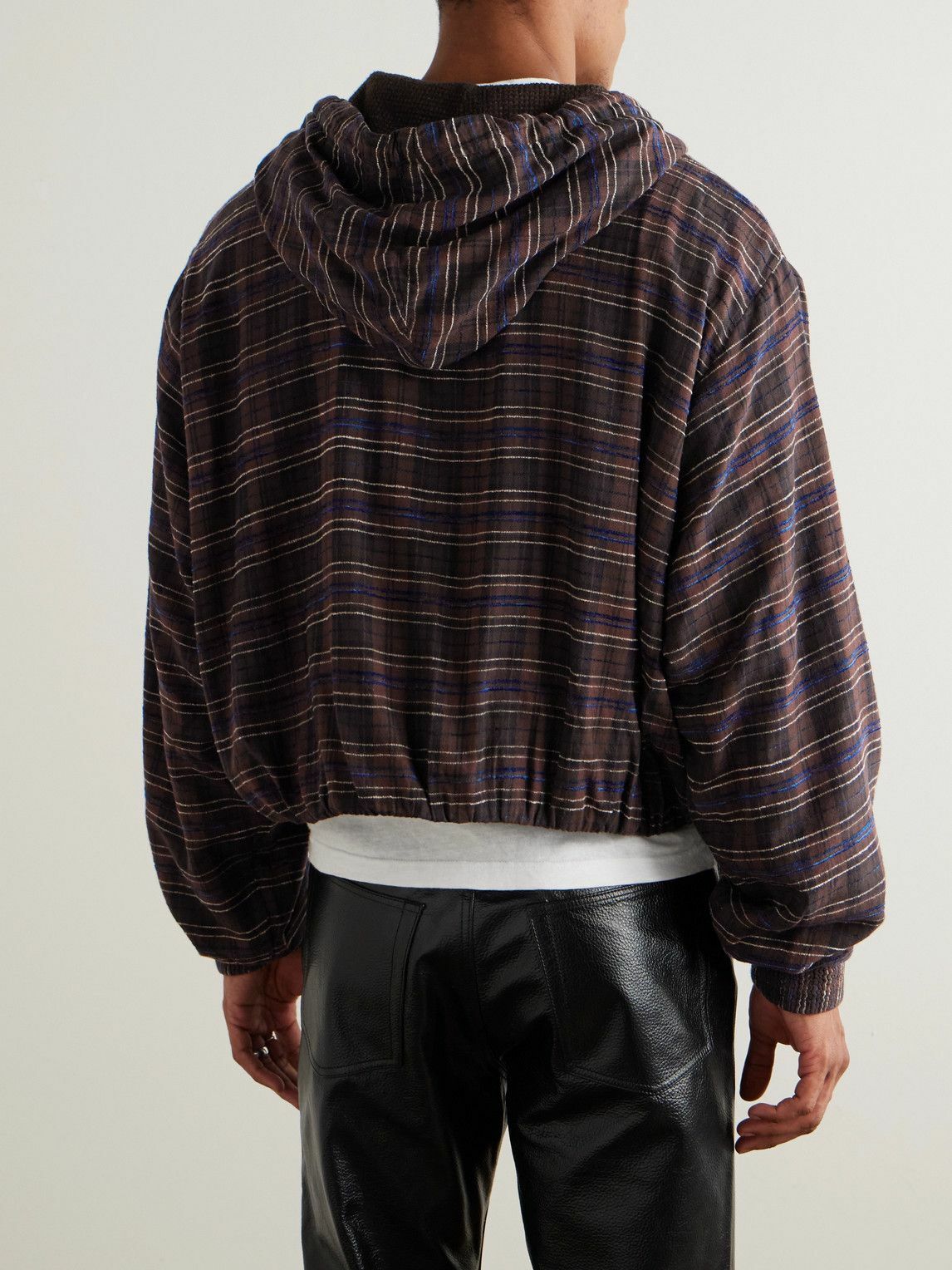 【424】FLANNEL HOODIE／新品タグ付／送料込／納品書有 424 - Striped Cotton-Blend Flannel Zip-Up Hoodie - Brown 424