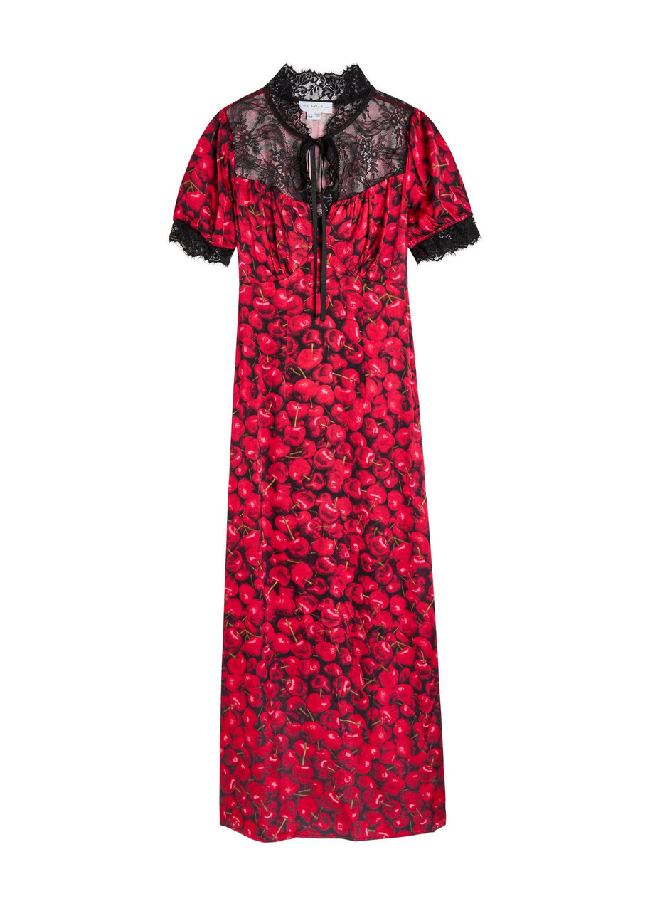 Never Fully Dressed Lyla Cherry-print Lace and Satin Midi Dress Black Red