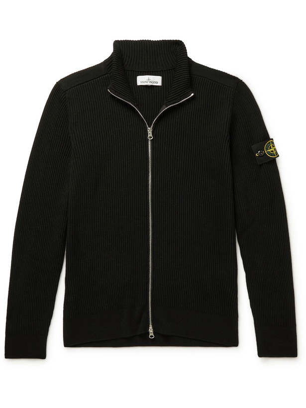 Photo: Stone Island - Slim-Fit Logo-Detailed Ribbed Wool Zip-Up Sweater - Black