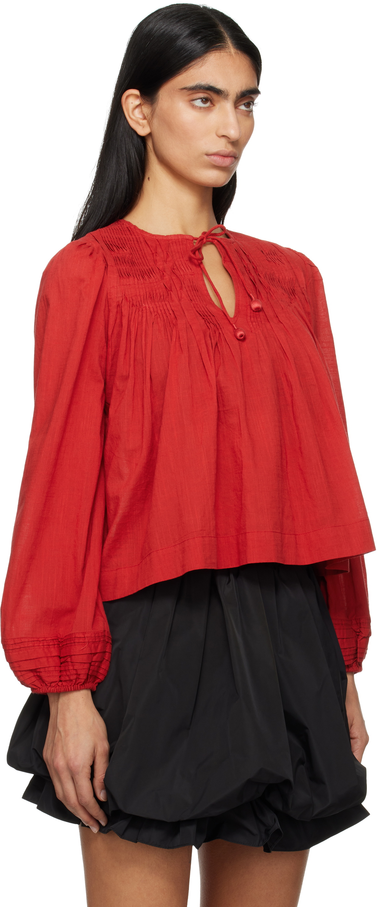 SEA NY Red Myra Cotton Long Sleeve Blouse