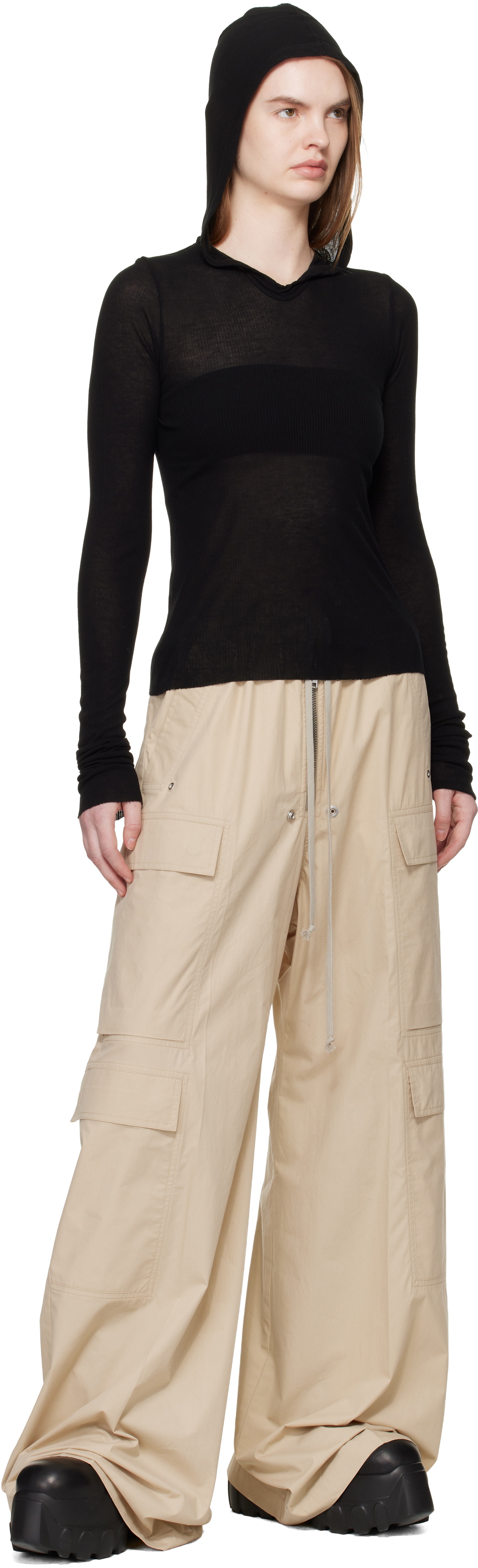 Rick Owens Black Temple Cropped Rib LS Hoodie