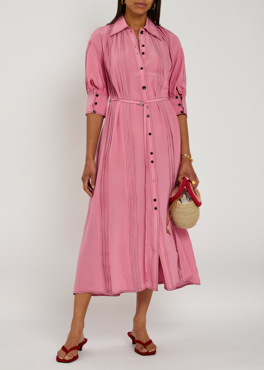 Lovebirds Natalie Pintuck Silk-chiffon Midi Dress Pink