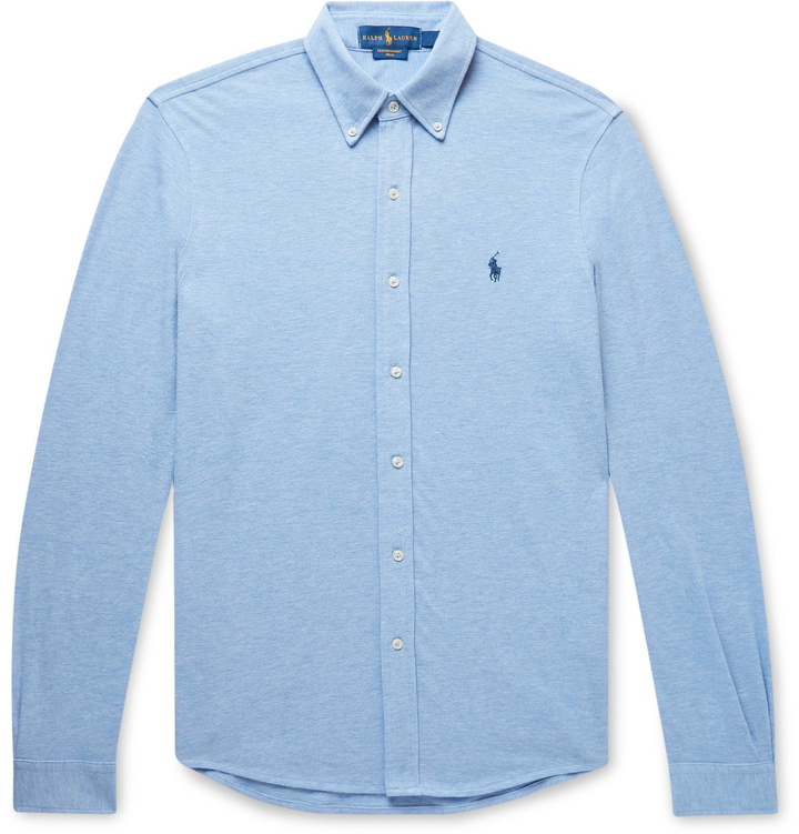 Photo: Polo Ralph Lauren - Button-Down Collar Mélange Cotton-Piqué Shirt - Blue