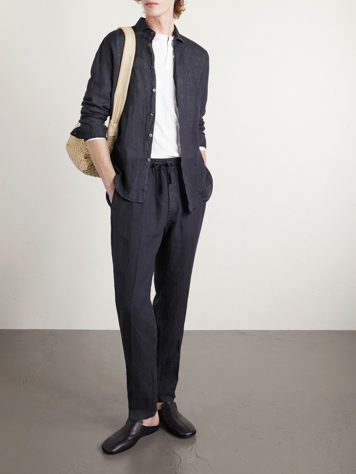 Altea - Mattia Straight-Leg Linen Drawstring Trousers - Blue
