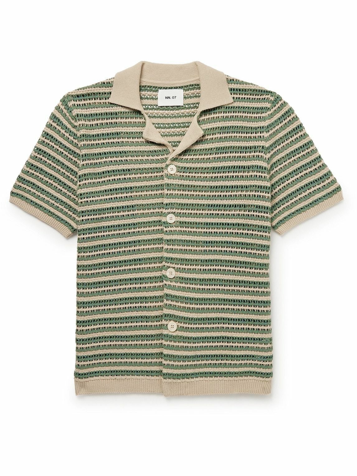 Photo: NN07 - Henry 6636 Camp-Collar Striped Crocheted Organic Cotton Shirt - Green