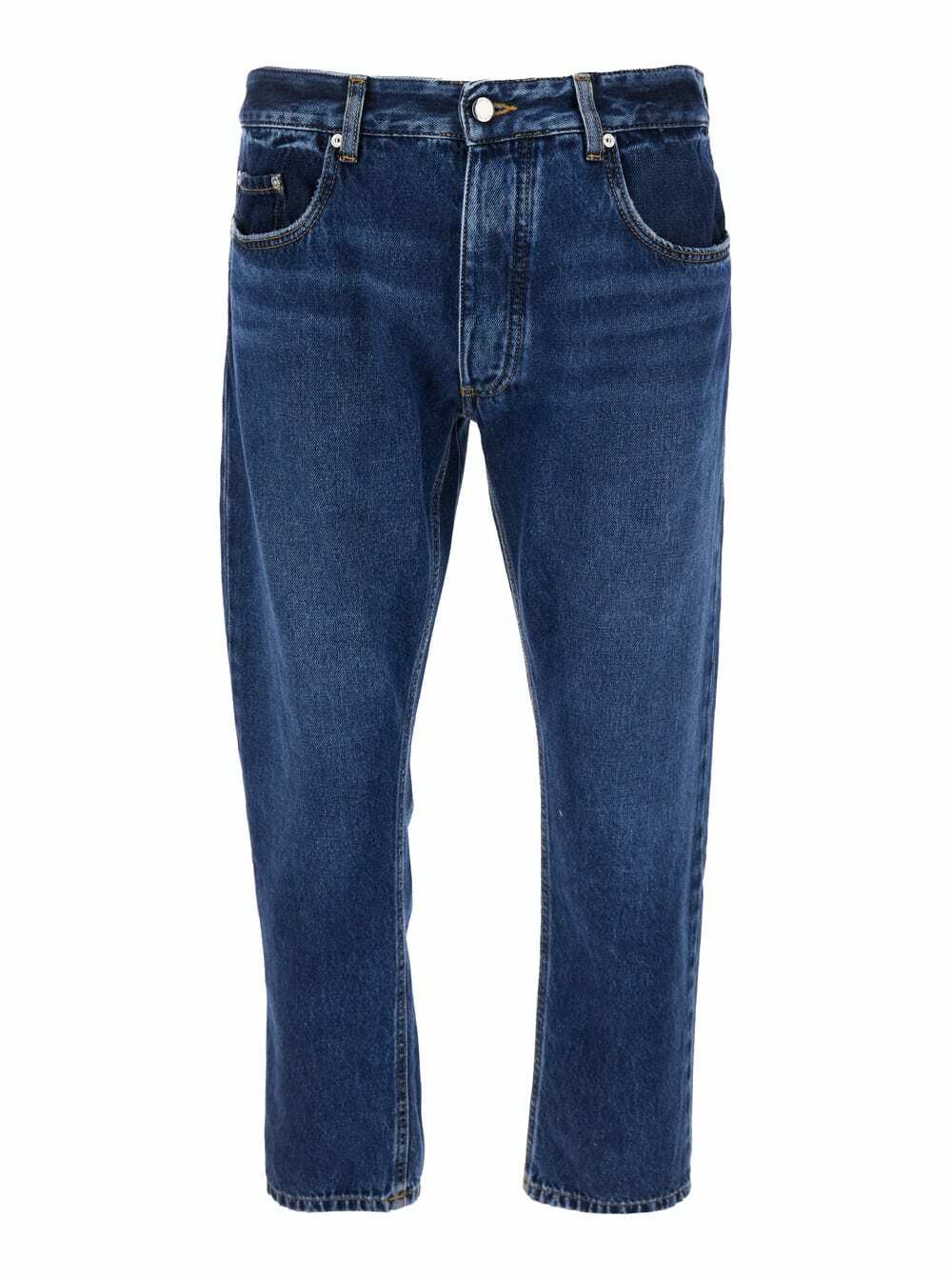 Icon Denim Blue Five Pocket Jeans With Logo Patch On The Back In Denim Man