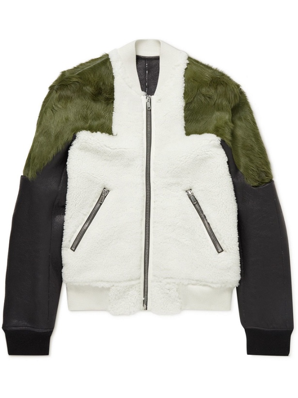 Photo: Rick Owens - Panelled Shearling, Leather and Calf Hair Bomber Jacket - White