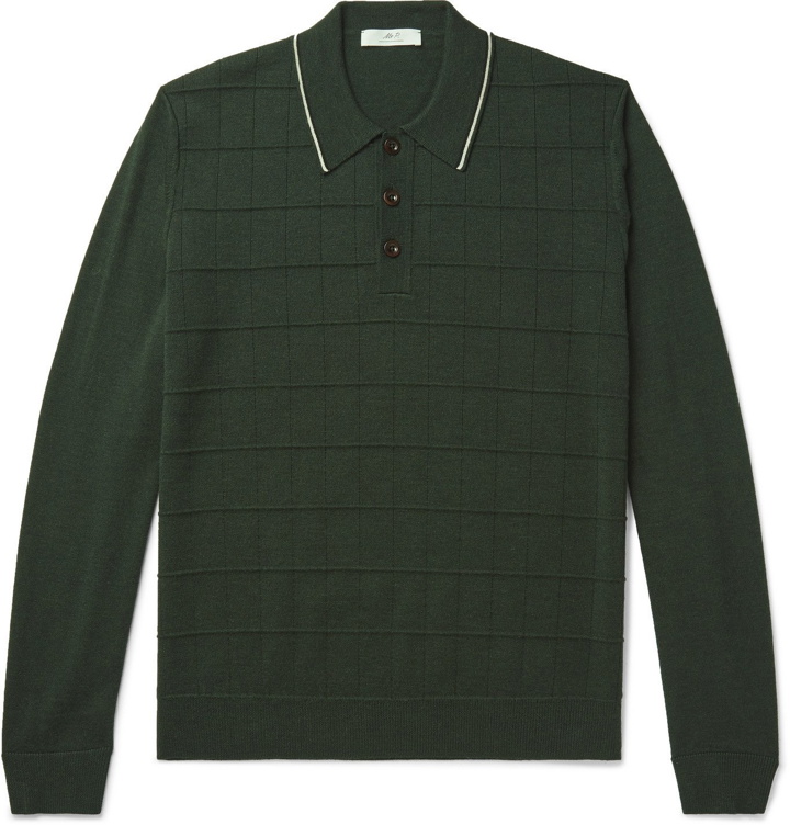 Photo: Mr P. - Slim-Fit Contrast-Tipped Textured Merino Wool Polo Shirt - Green