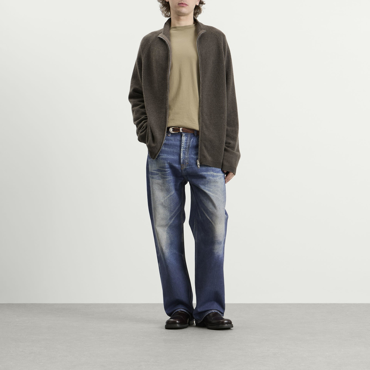 Our Legacy Men's Spray Dye Cherub Wool Line Zip Cardigan in Mud