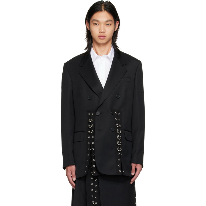 Photo: Simone Rocha Black Double Breasted Grommet Ring Hem Slice Blazer