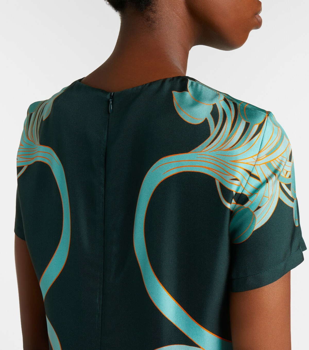 La DoubleJ Swing feather-trimmed floral silk twill minidress