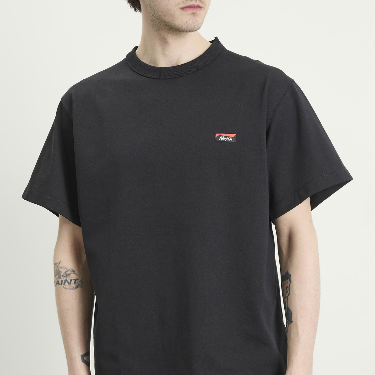 NANGA Men's Eco Hybrid Box Logo Embroidery T-Shirt in Black