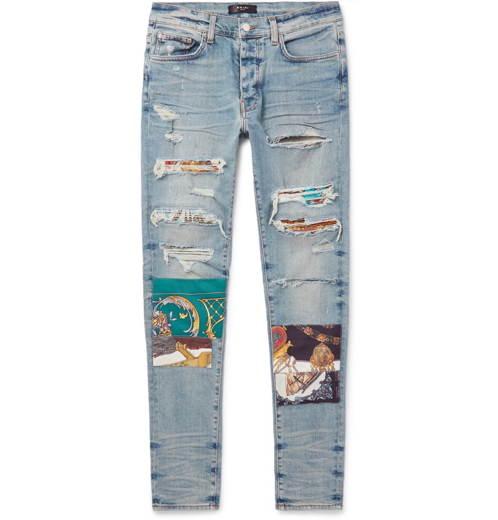 Photo: AMIRI - Skinny-Fit Panelled Distressed Stretch-Denim Jeans - Blue