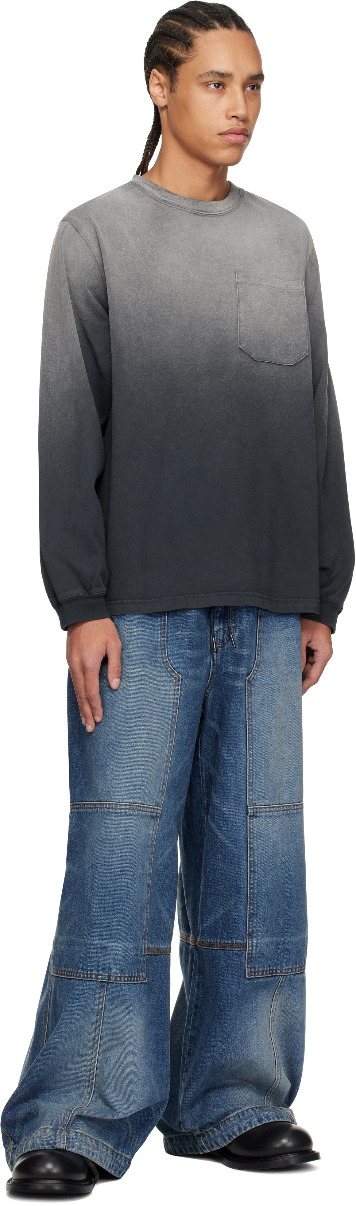 RICE NINE TEN Gray & Black Faded Roomy Sleeve LS T-shirt
