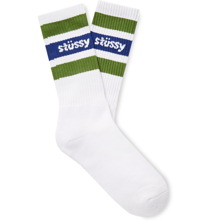 Photo: Stüssy - Logo-Intarsia Striped Cotton-Blend Socks - White