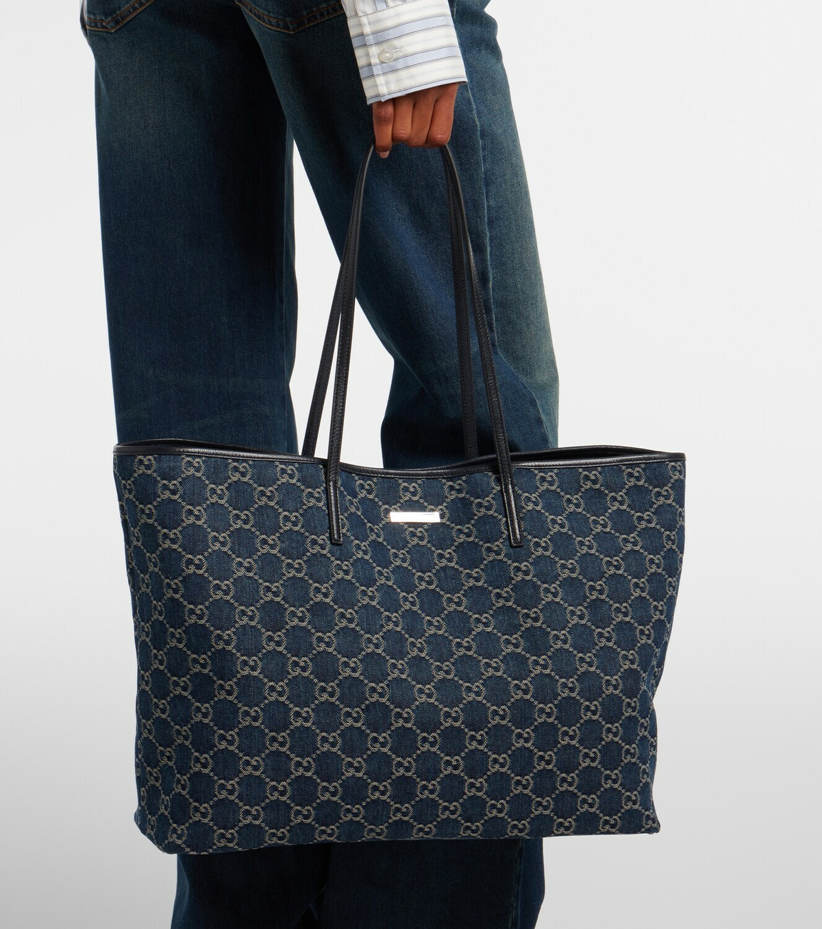 Gucci Essence Large leather-trimmed denim tote bag
